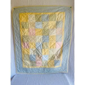 Handmade Patchwork Baby Hand Quilt Pastel Blue Yellow Nursery Blanket Heart Gift
